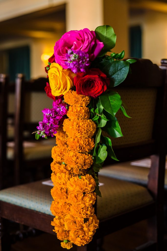 Evie and Neel Fusion American-Indian Wedding at EBell of Los Angeles | Bride & Groom | Gujarati Groom | American Bride Indian Groom | Marigold Orange Mandap | Indian Ceremony Decor | Wedding Decor | Marigold Aisle Markers | The Marigold Company