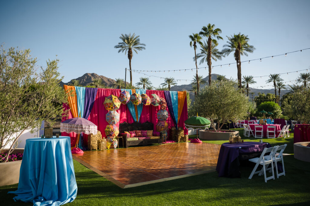 Hyatt Indian Wells, Indian Wedding, Desert Vibes Indian Wedding, California Desert Wedding, Palm Springs Indian Wedding, Indian Sangeet, Colorful Sangeet Decor in Palm Springs