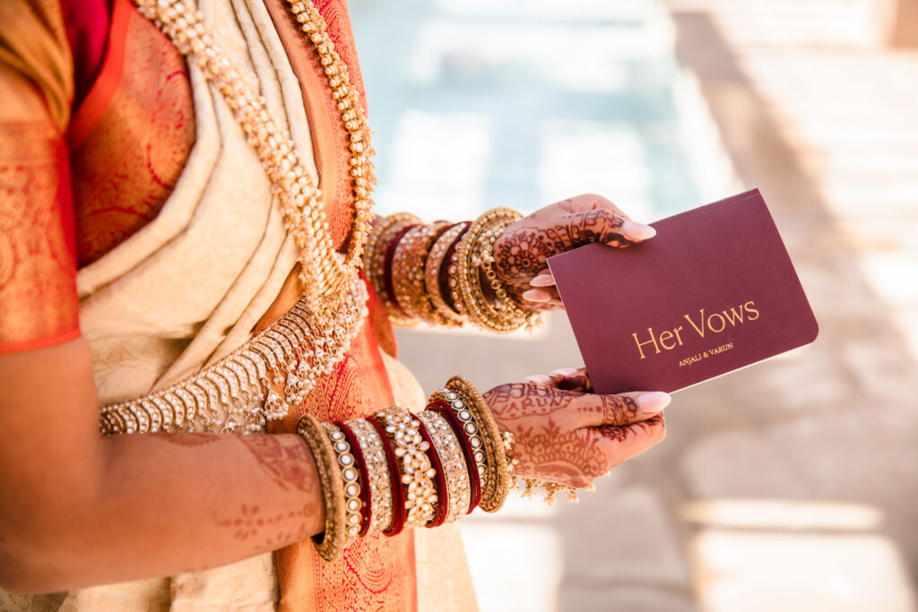 Indian Wedding at Hyatt Indian Wells, California Indian Wedding, Indian Bride with Vow Book, Bridal Vow Book Red