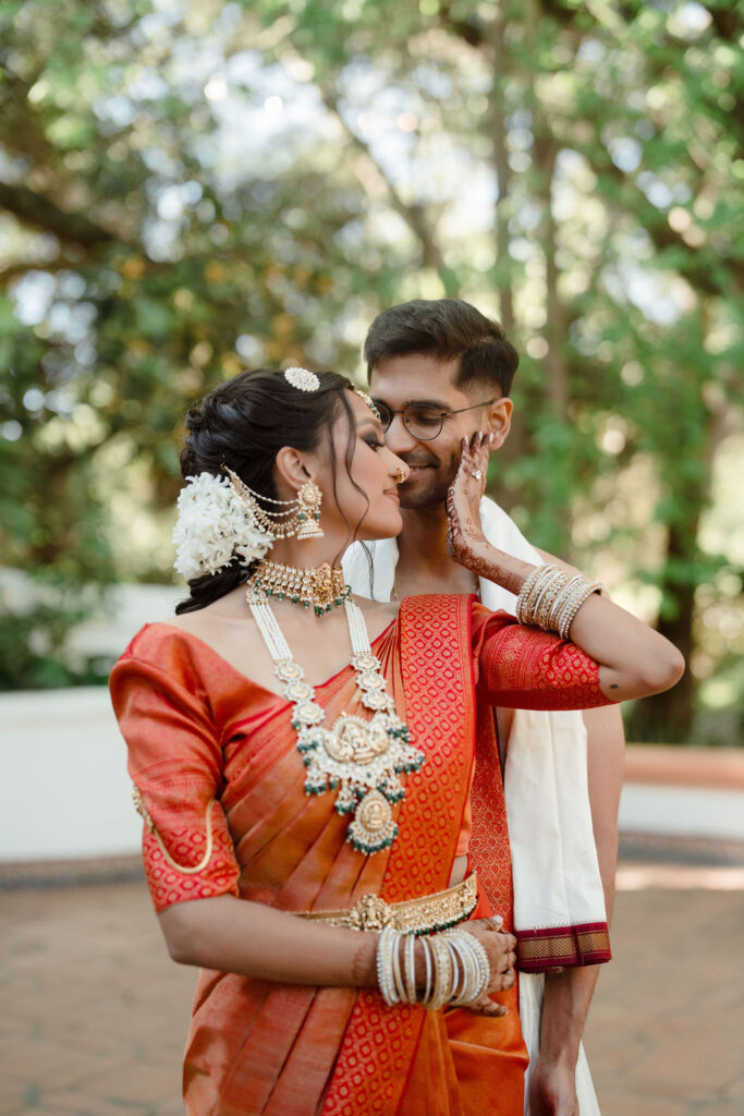 South Indian Bride and Groom First Look | Vinathi and Jay South Indian Wedding at Rancho Las Lomas | Wedding Planning by The Marigold Company | Photogaphy by iNav Photography